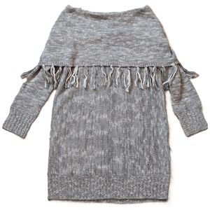 Dream Catcher Grey Marled Off Shoulder Sweater Tunic Fringe M‎